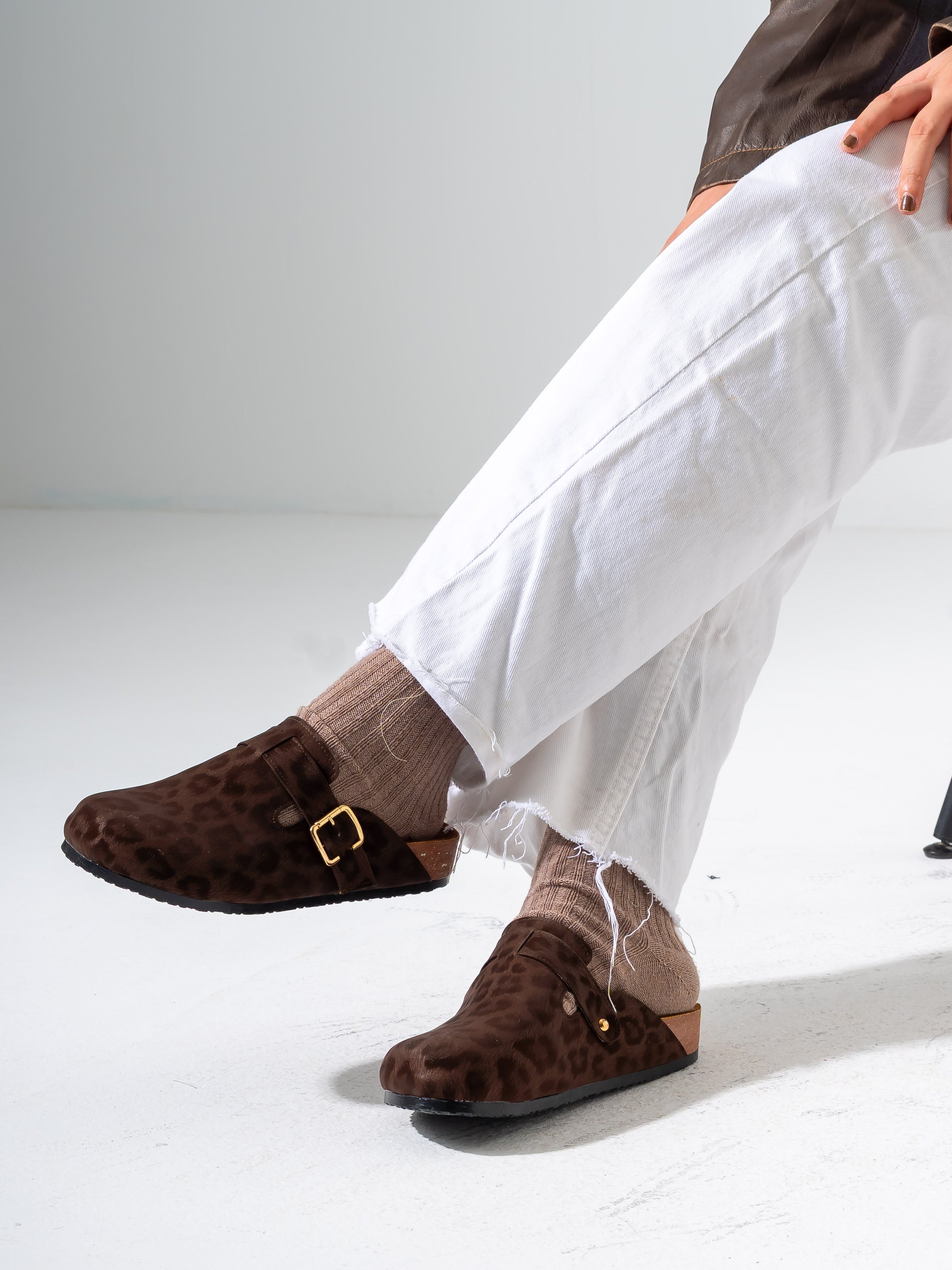 Animal Print Faux-Suede Buckle Clogs - BROWN