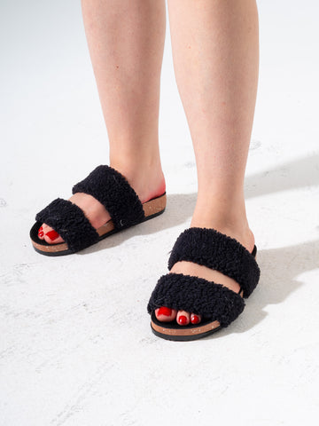 Fluffy Open-Toe Platform Slipper - BLACK