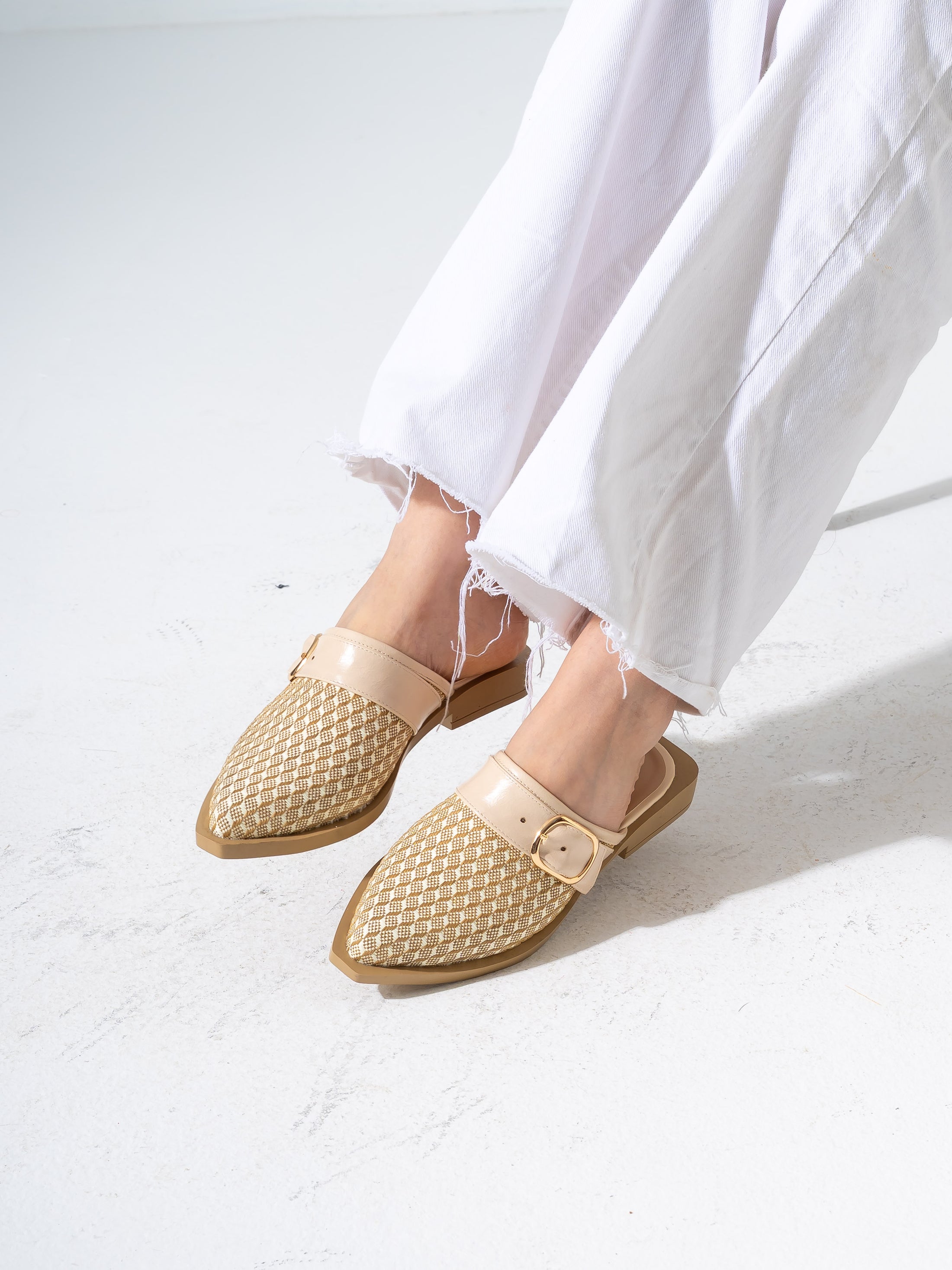 Honeycomb Textured Buckle Mules-BEIGE