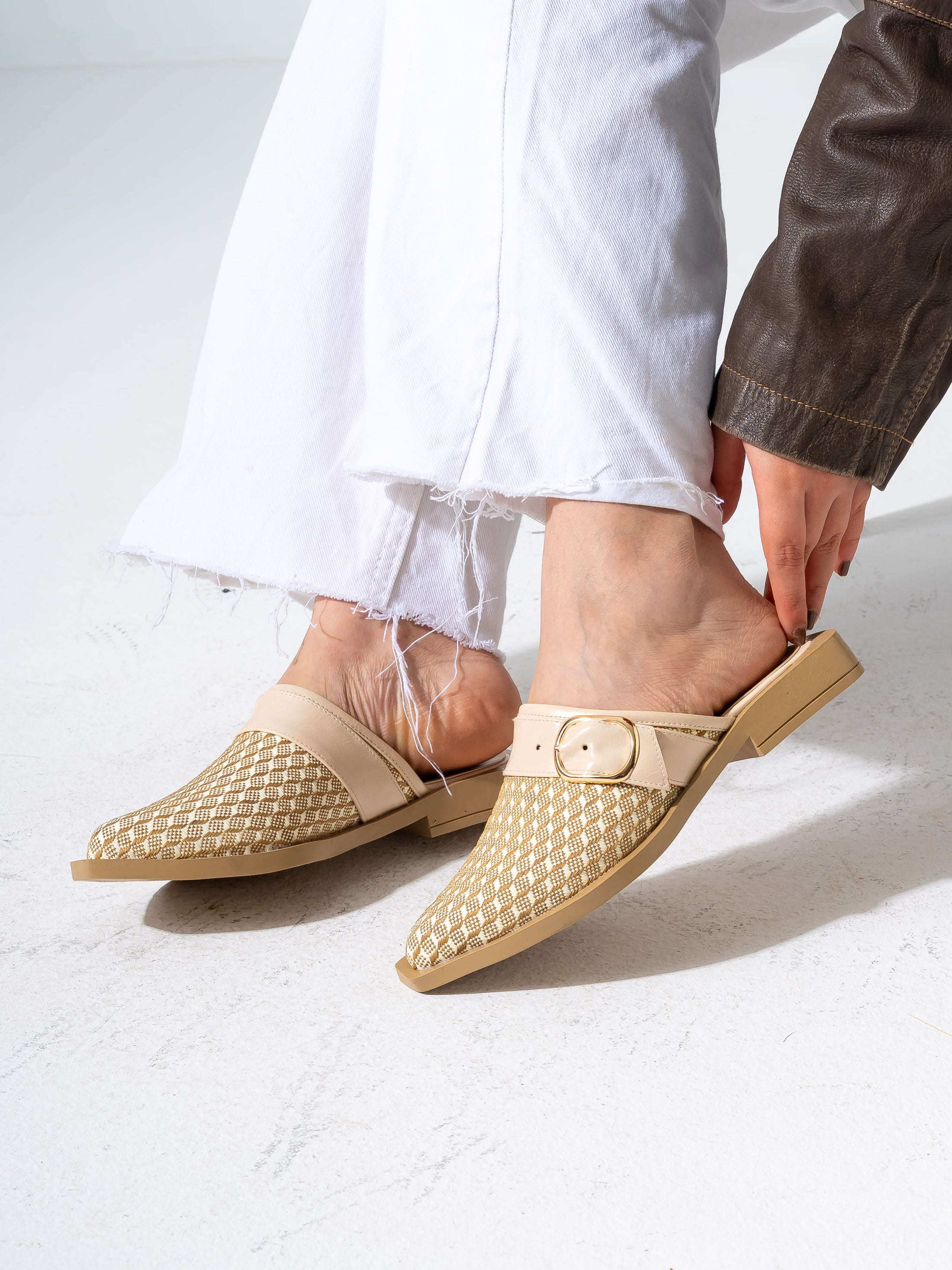 Honeycomb Textured Buckle Mules-BEIGE