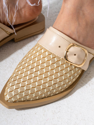 Honeycomb Textured Buckle Mules-BEIGE