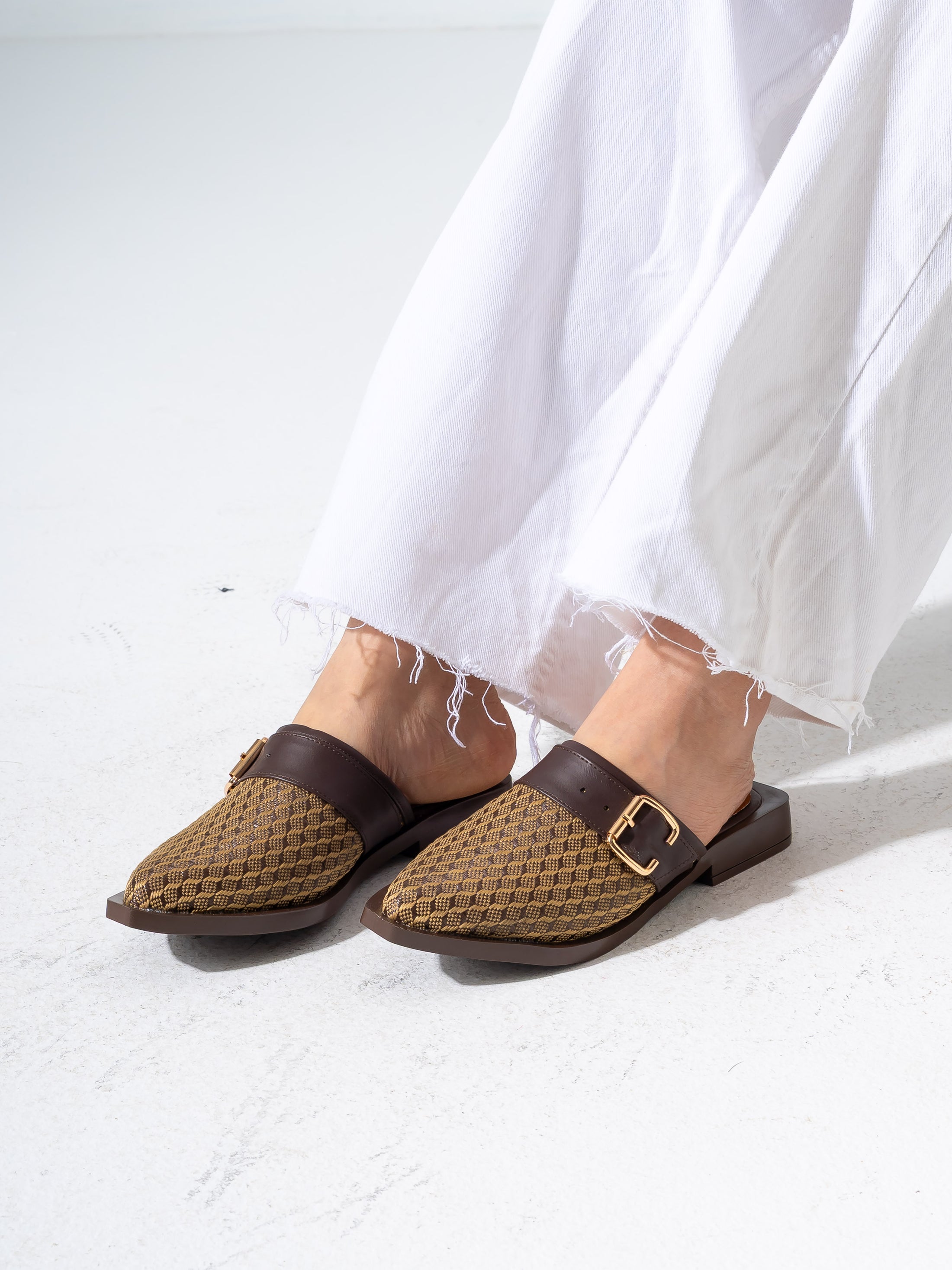 Honeycomb Textured Buckle Mules-BROWN
