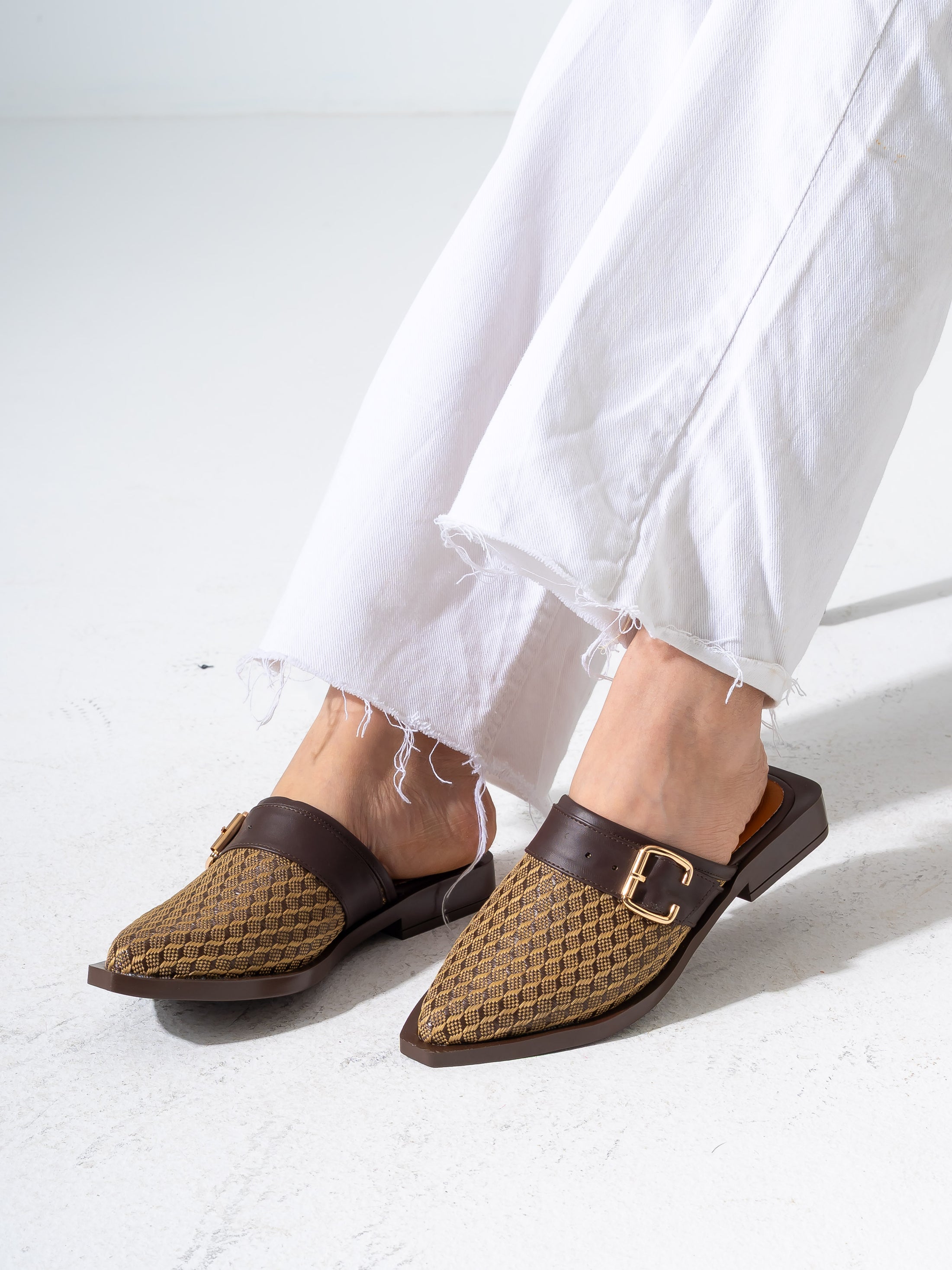 Honeycomb Textured Buckle Mules-BROWN
