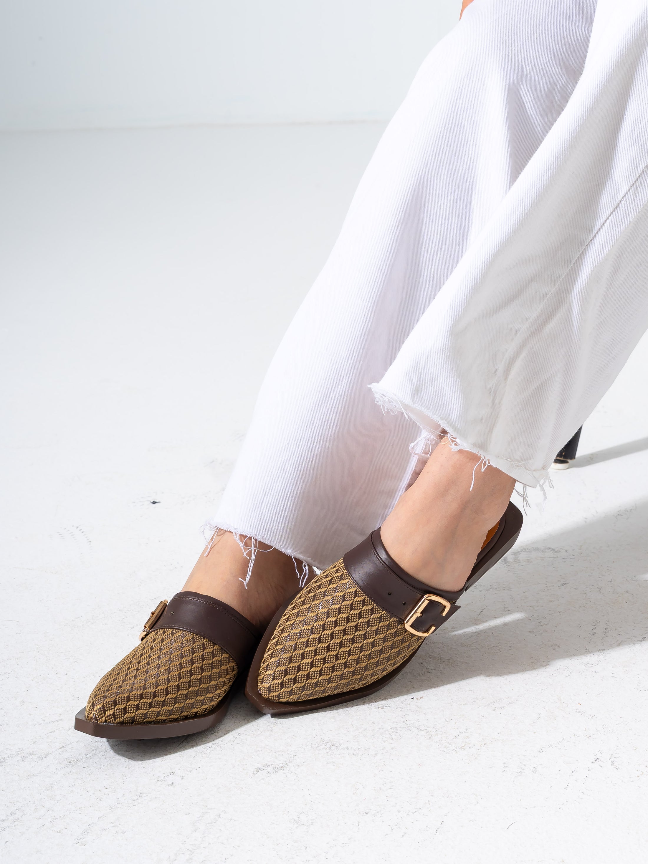 Honeycomb Textured Buckle Mules-BROWN