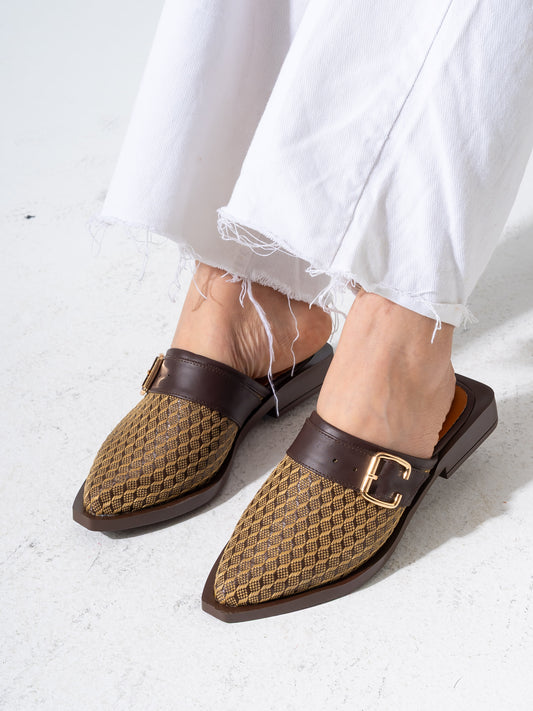 Honeycomb Textured Buckle Mules-BROWN