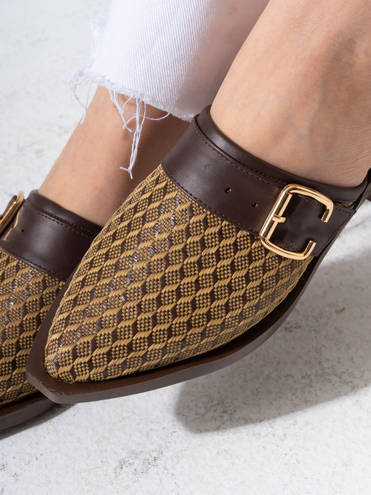 Honeycomb Textured Buckle Mules-BROWN