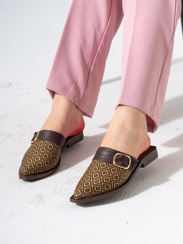Geometric Pattern Buckle Pointed-Toe Mules-brown