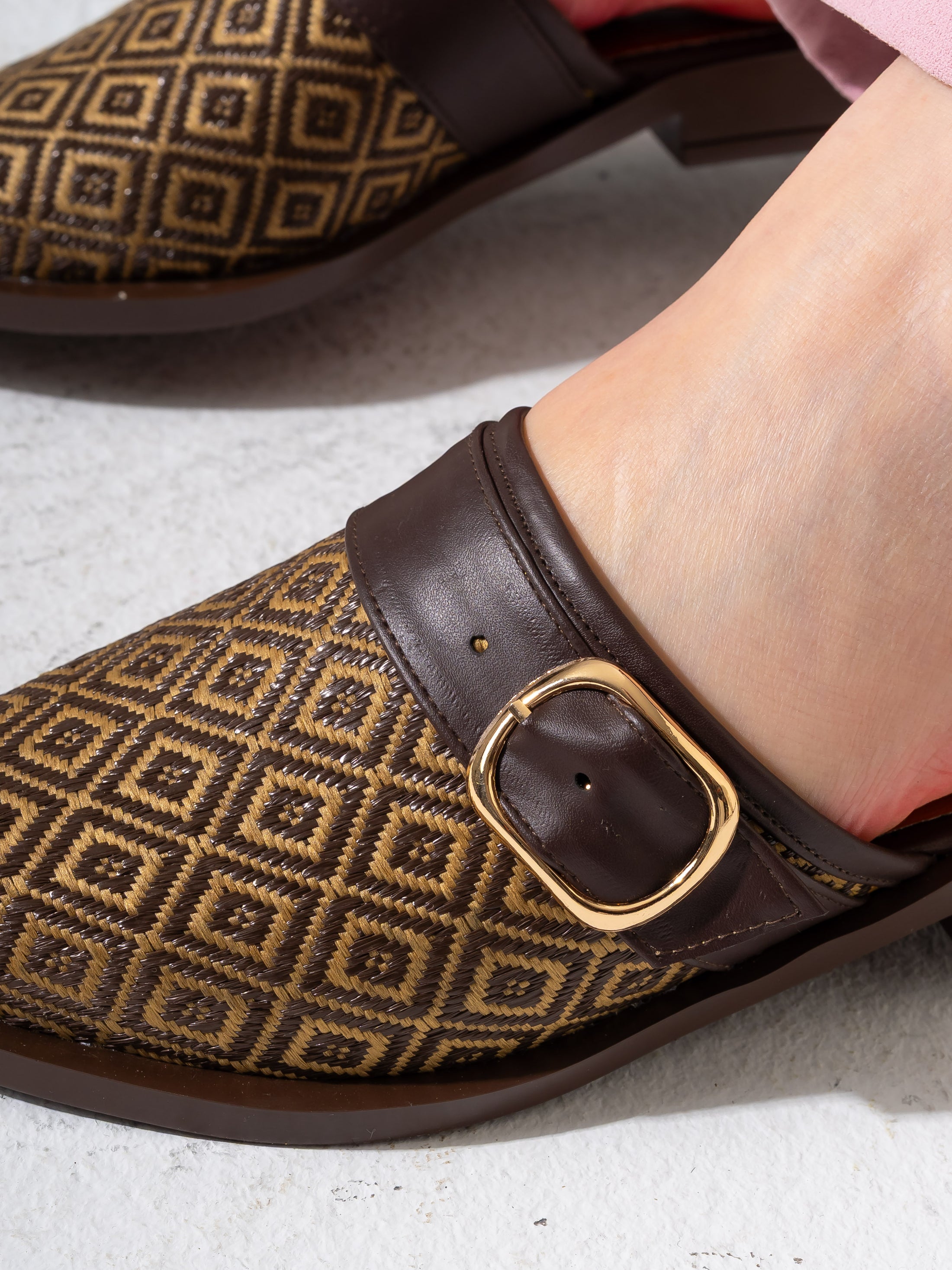 Geometric Pattern Buckle Pointed-Toe Mules-brown