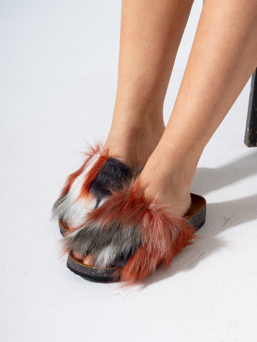 Faux Fur Single Band Slide - Red Multi
