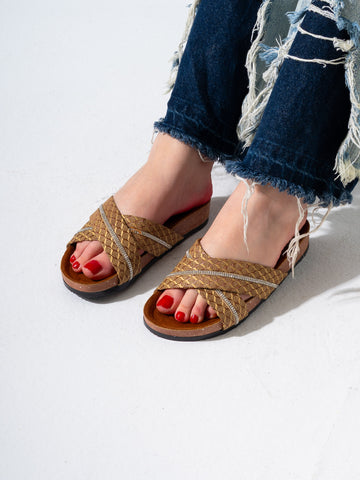 Rhinestone Woven Slides - CAMEL
