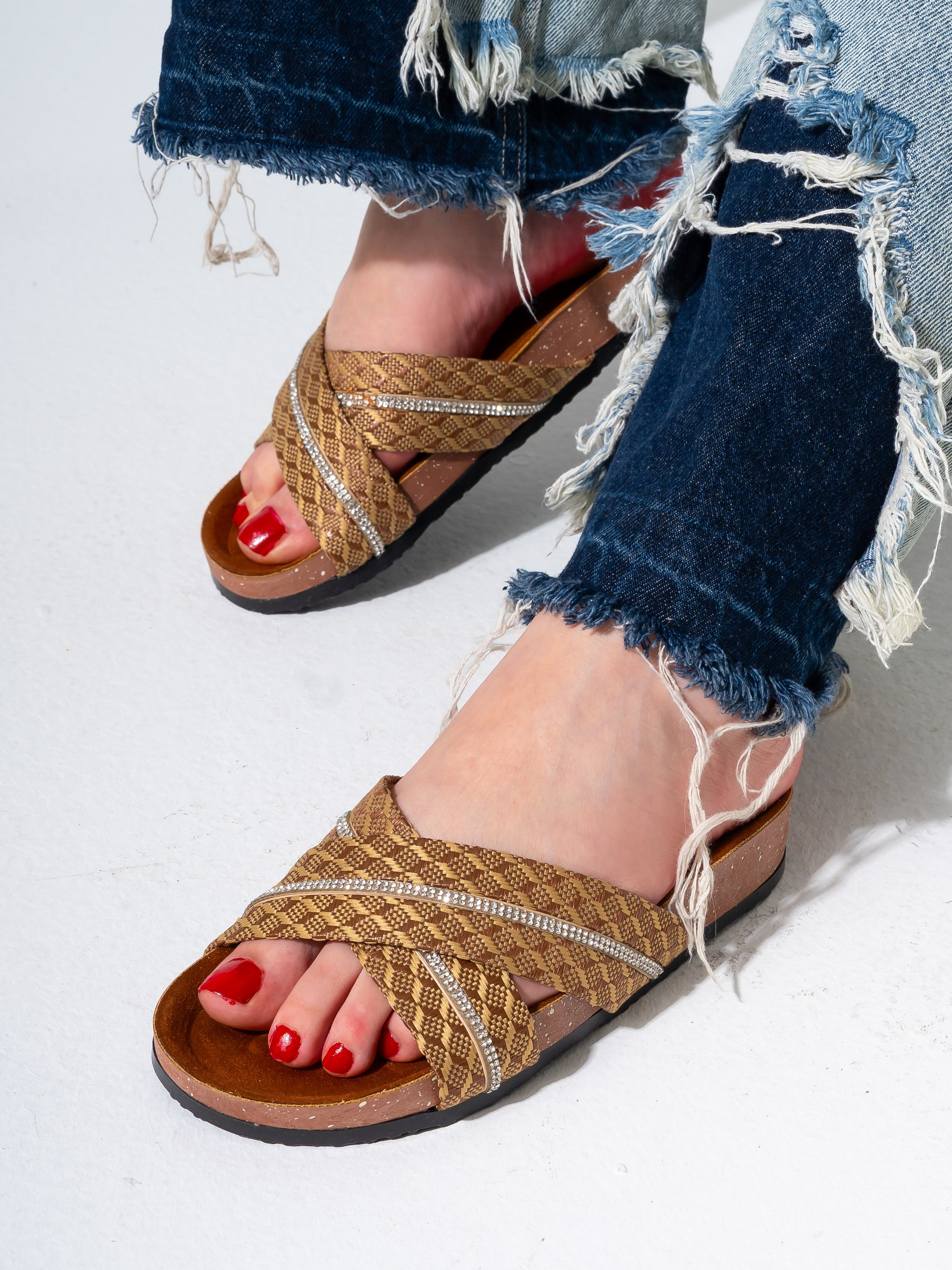 Rhinestone Woven Slides - CAMEL