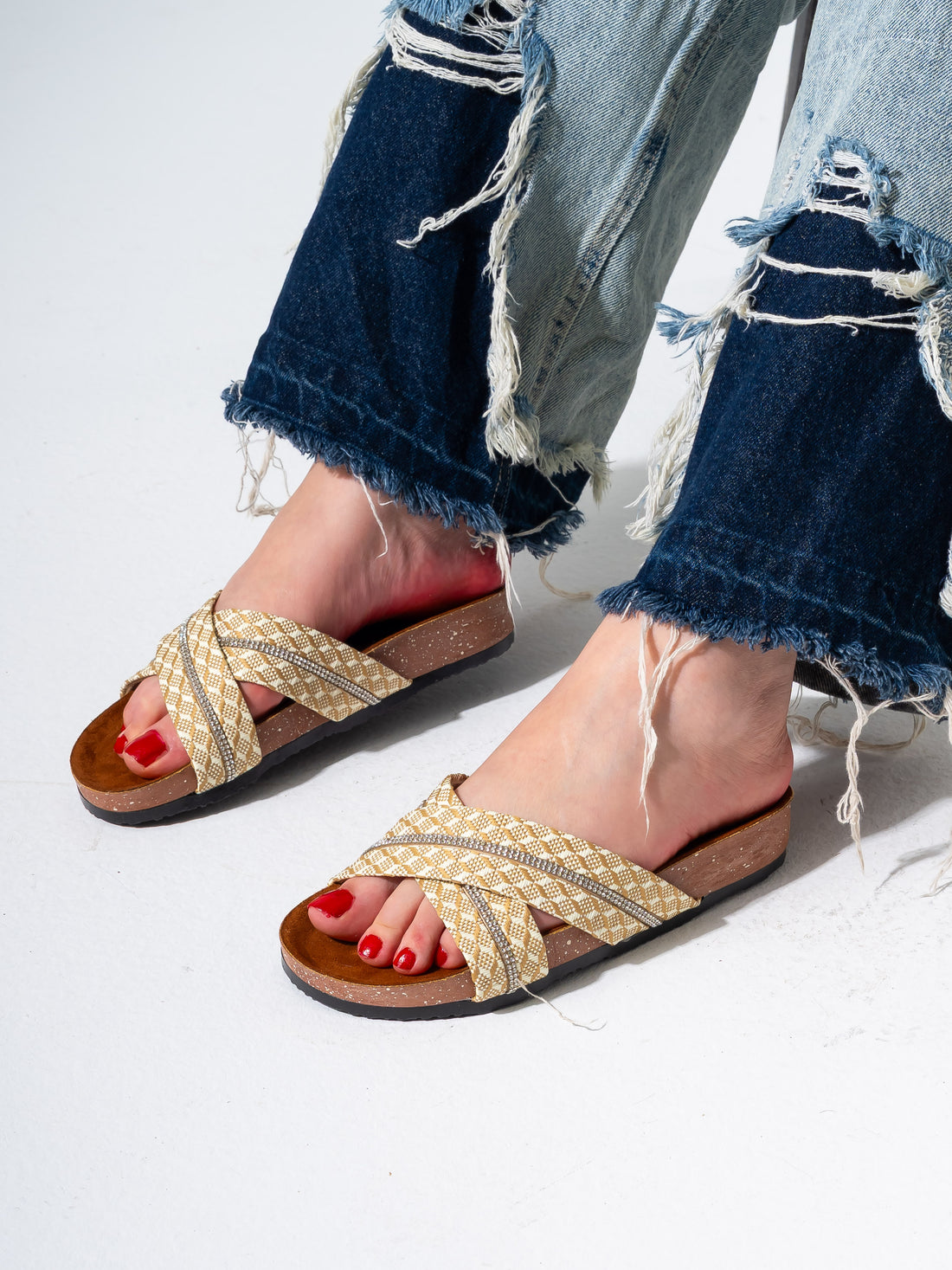 Rhinestone Woven Slides - BEIGE