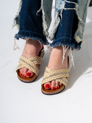 Rhinestone Woven Slides - BEIGE