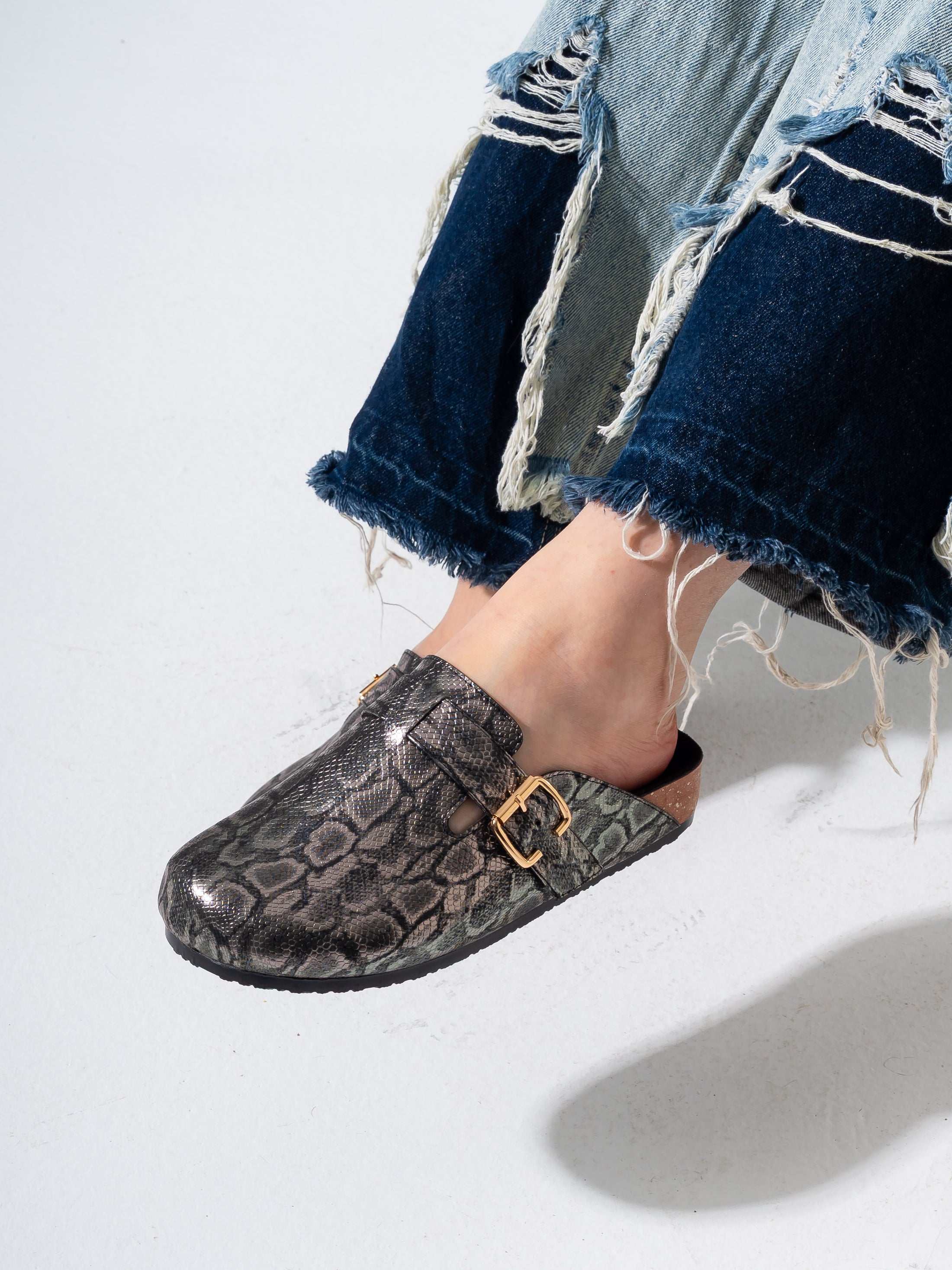 Textured Animal Print Cork-Sole Clogs- OXIDI