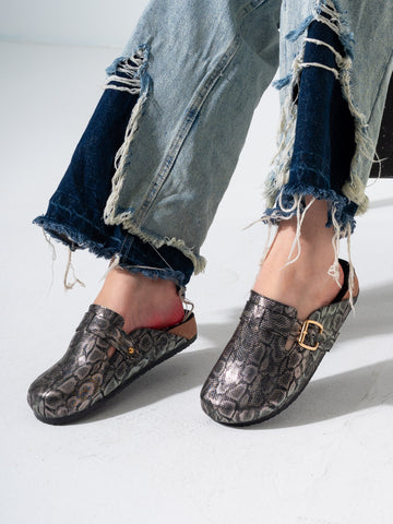 Textured Animal Print Cork-Sole Clogs- OXIDI