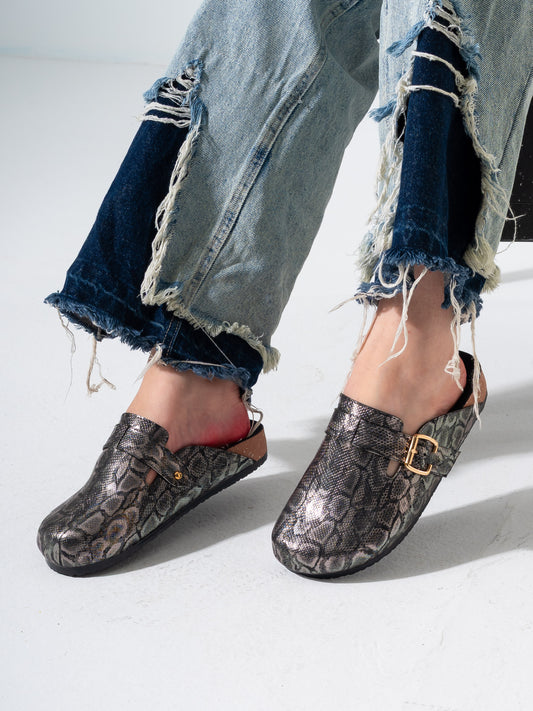 Textured Animal Print Cork-Sole Clogs- OXIDI