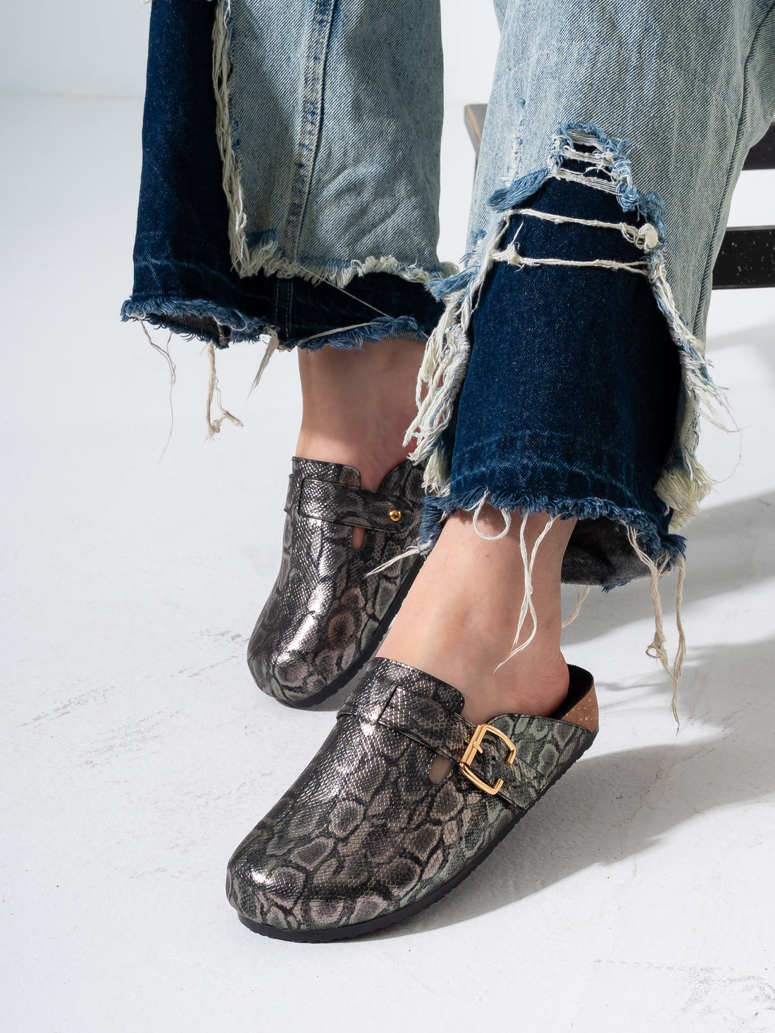 Textured Animal Print Cork-Sole Clogs- OXIDI