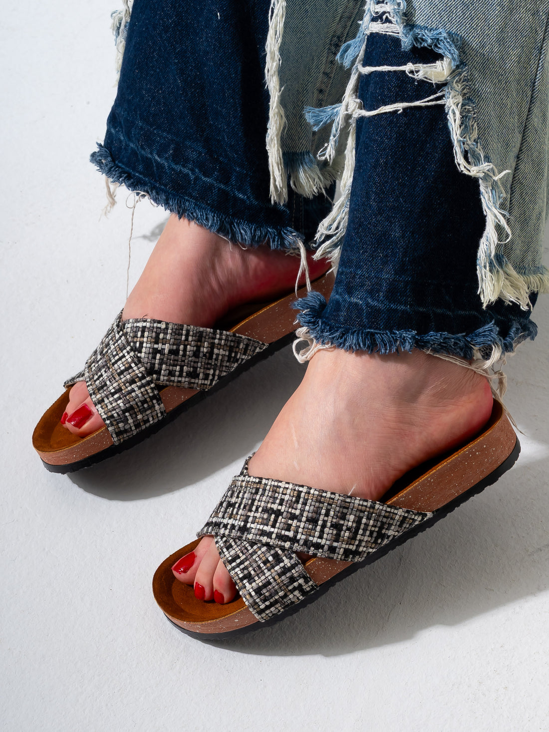 Checkered Tweed Crisscross Slides - BLACK