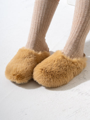 Faux Fur Fluffy Round Toe Clogs - BEIGE