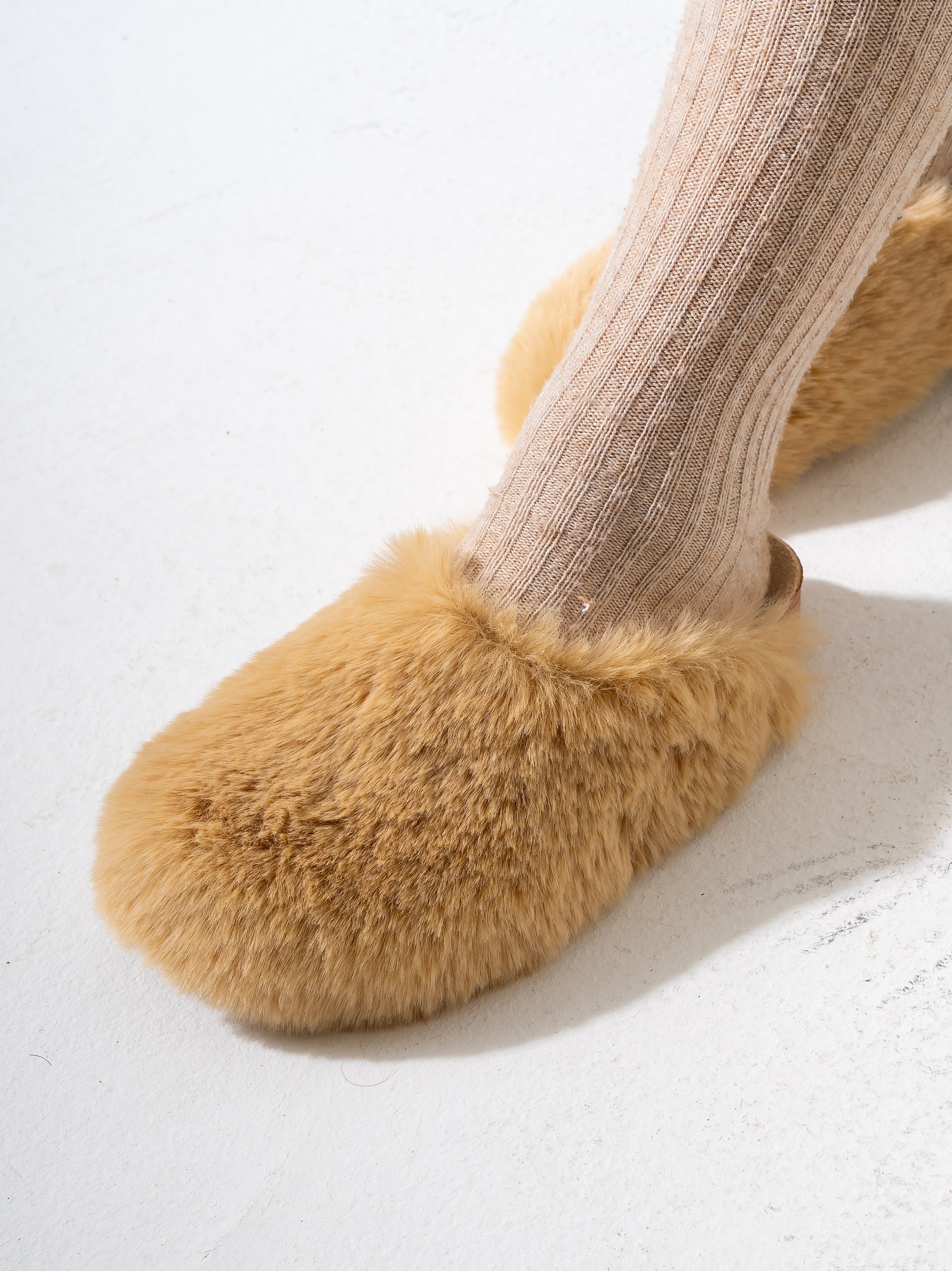 Faux Fur Fluffy Round Toe Clogs - BEIGE