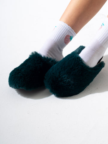 Faux Fur Fluffy Round Toe Clogs - DARK GREEN