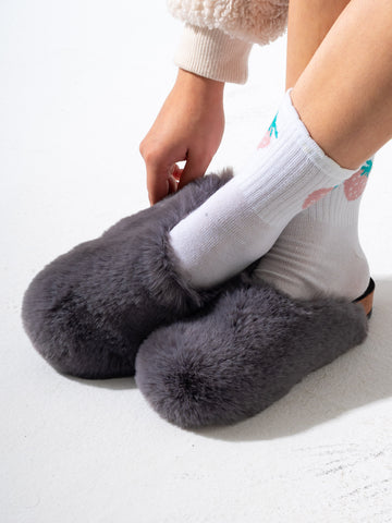 Faux Fur Fluffy Round Toe Clogs - GRAY