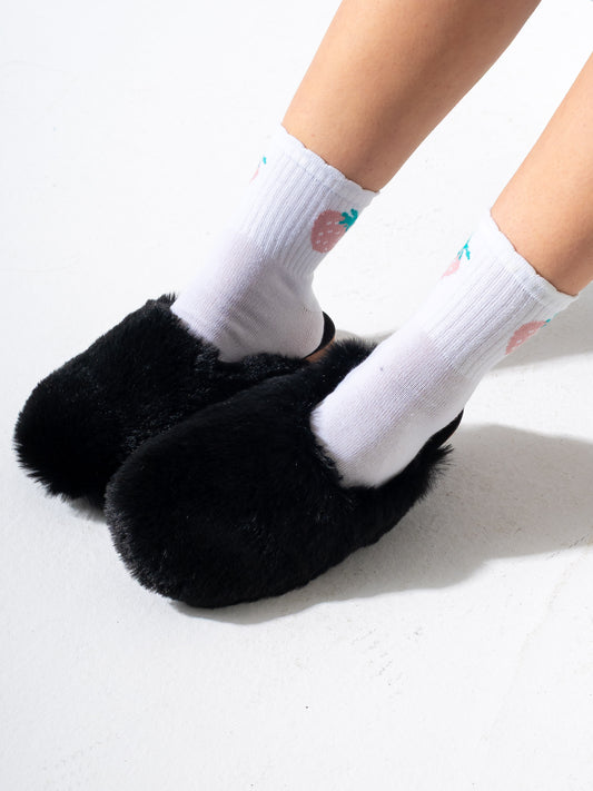 Faux Fur Fluffy Round Toe Clogs - BLACK