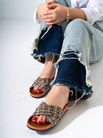 Checkered Tweed Crisscross Slides - BEIGE