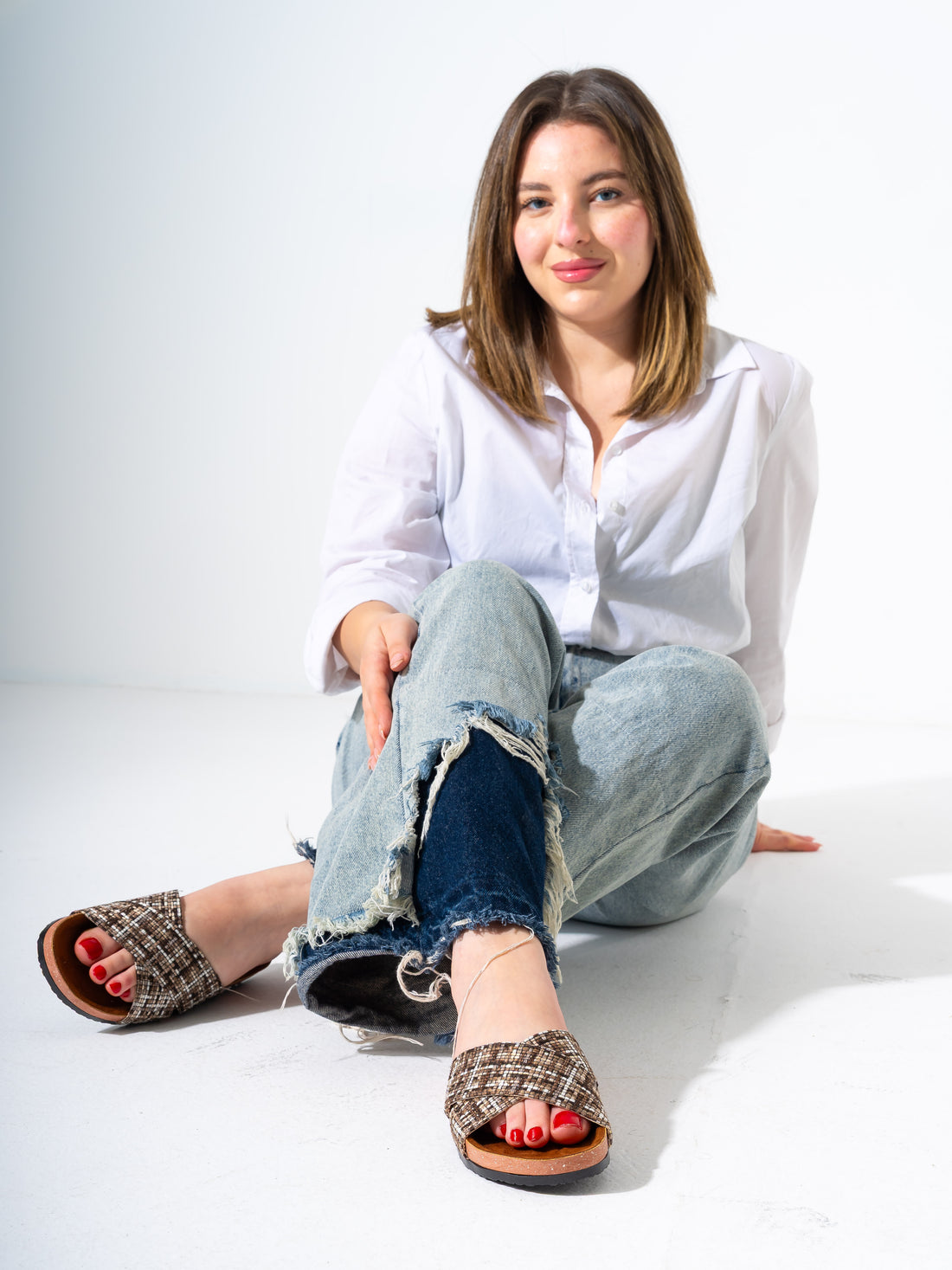 Checkered Tweed Crisscross Slides - BEIGE