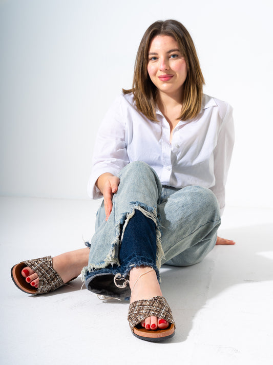 Checkered Tweed Crisscross Slides - BEIGE