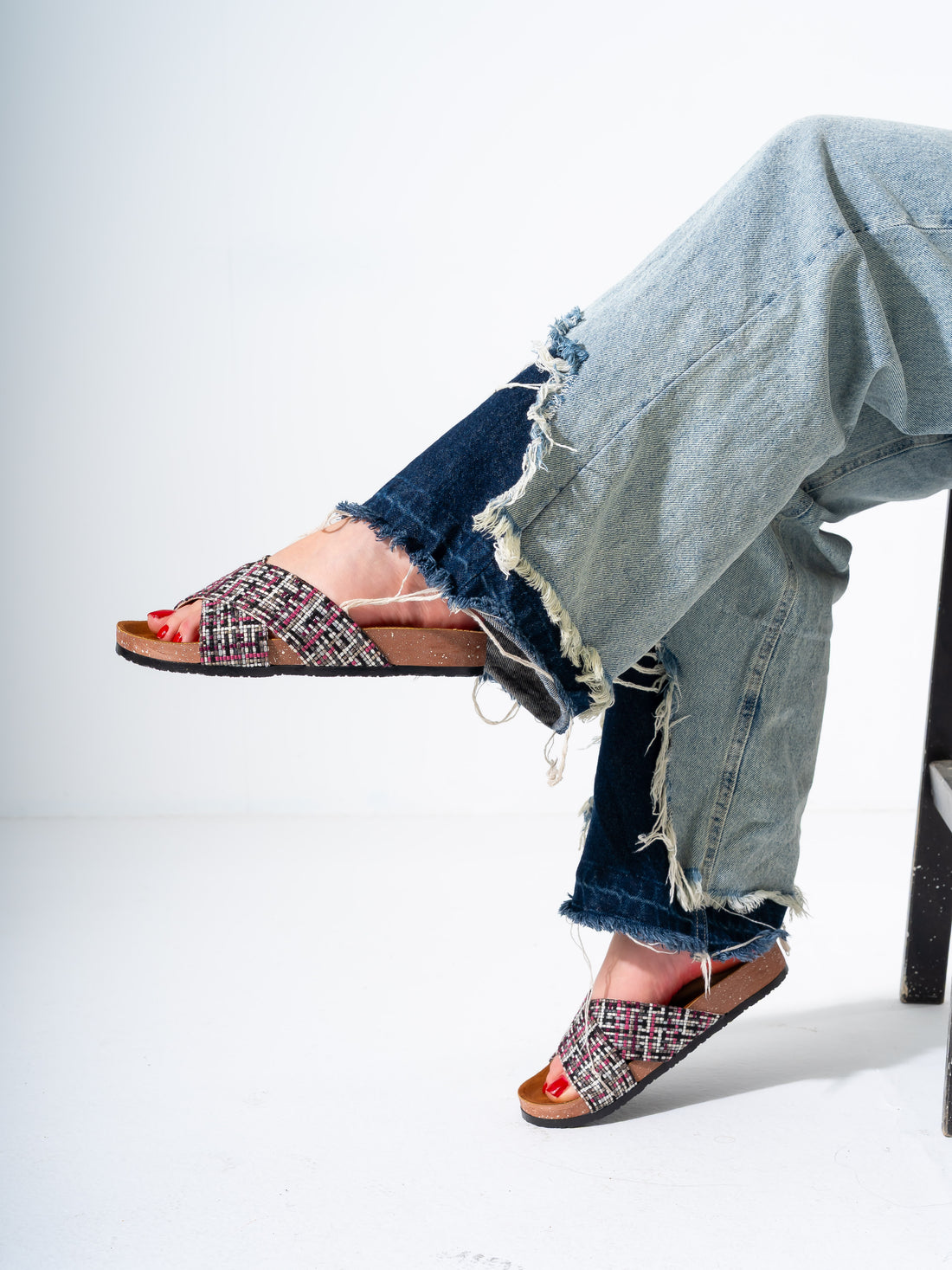 Checkered Tweed Crisscross Slides - PINK