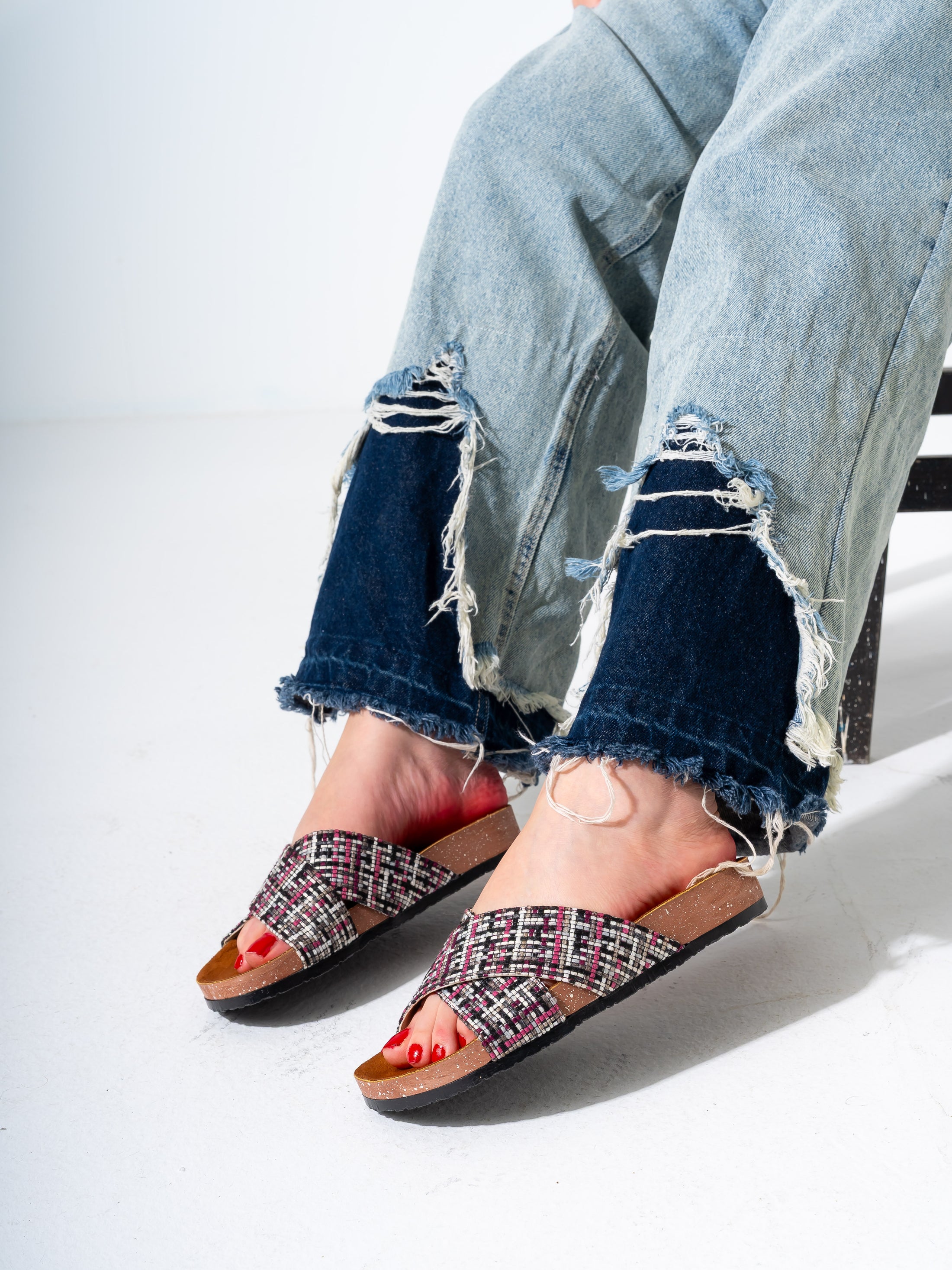Checkered Tweed Crisscross Slides - PINK