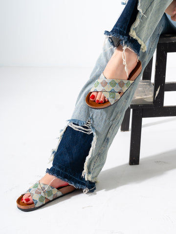 Ethnic Patterned Cross-Strap Slides - GREEN