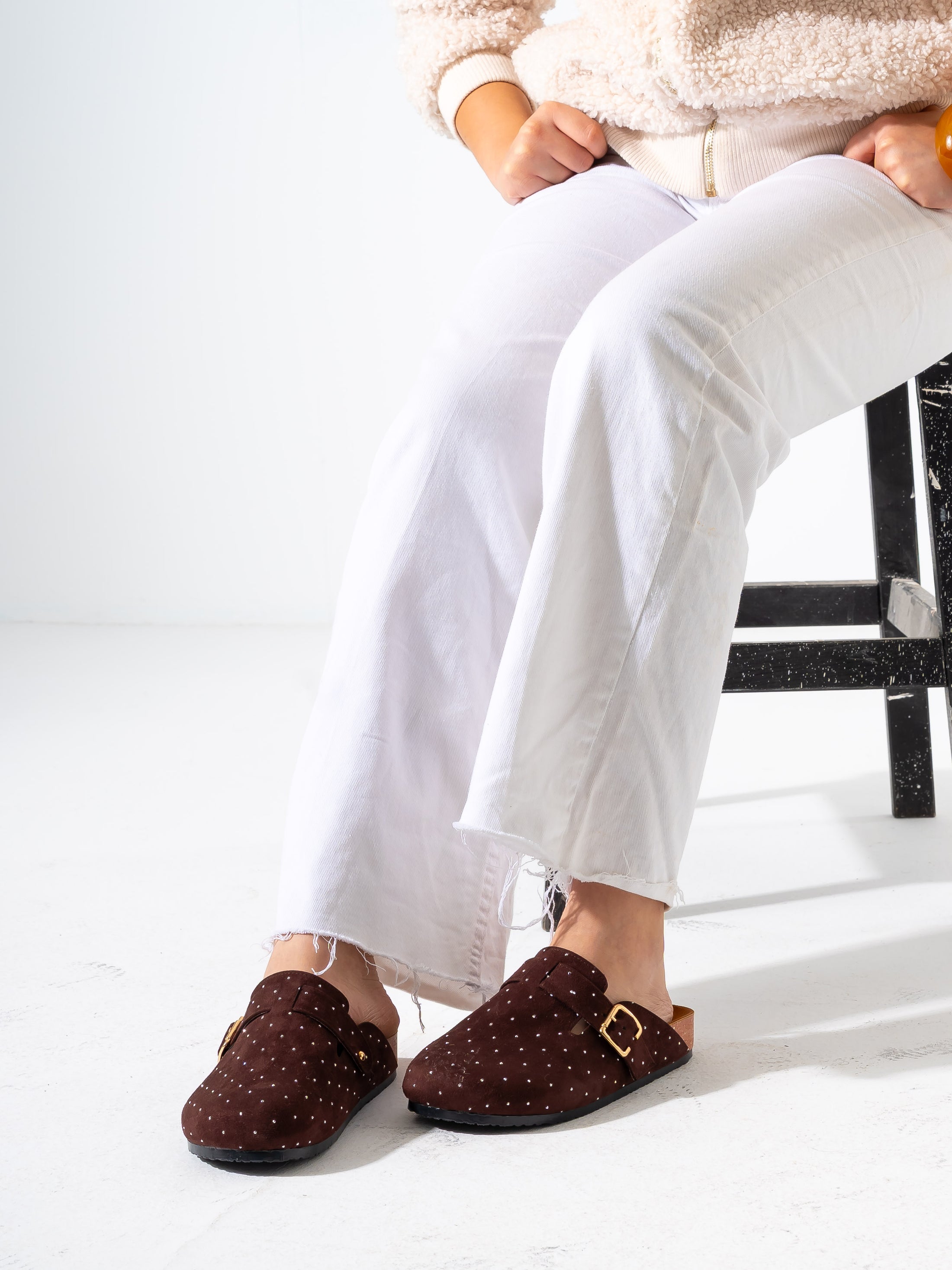 Micro-Studded Faux-Suede Clogs - BROWN