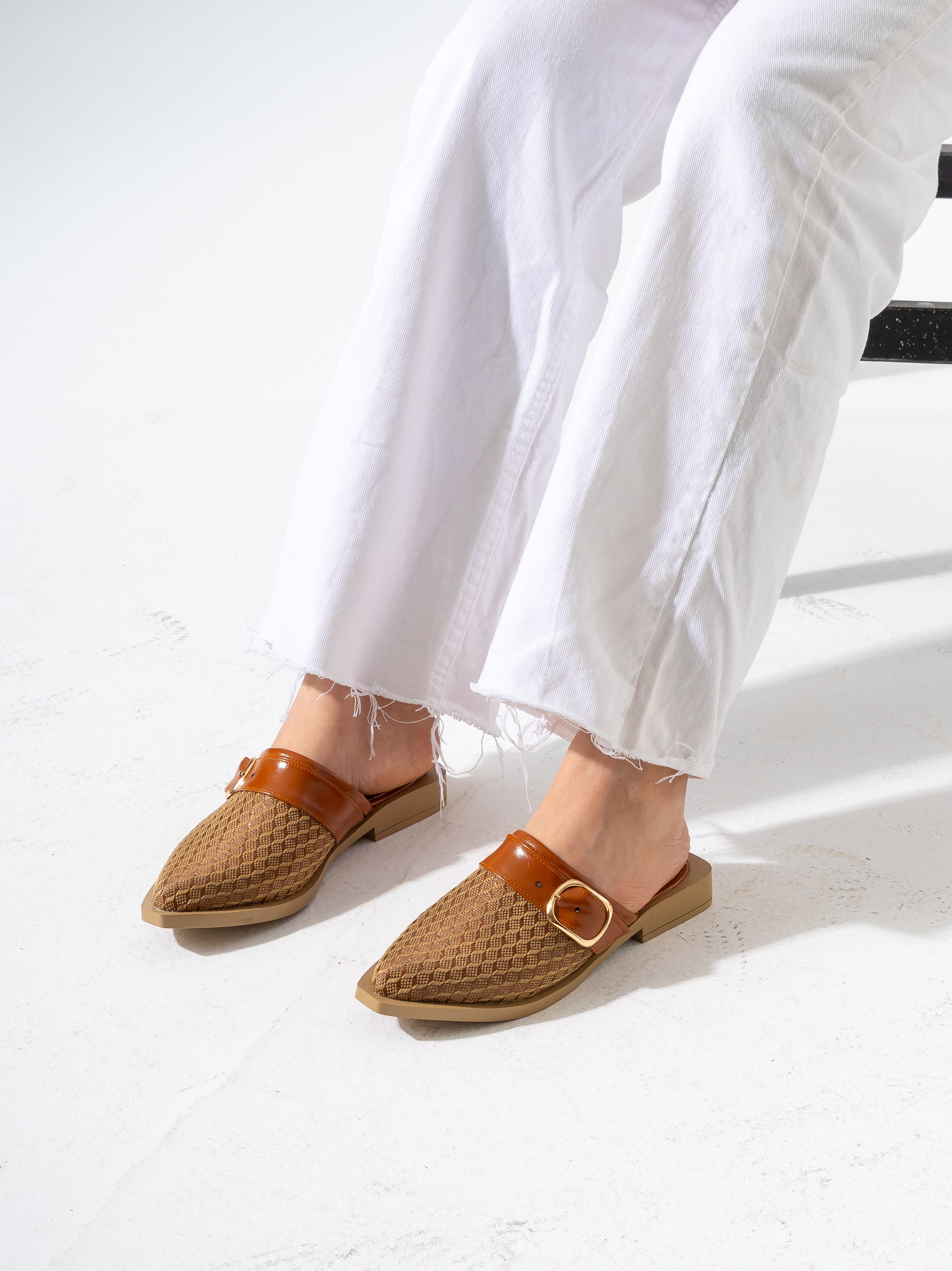 Honeycomb Textured Buckle Mules-CAMEL