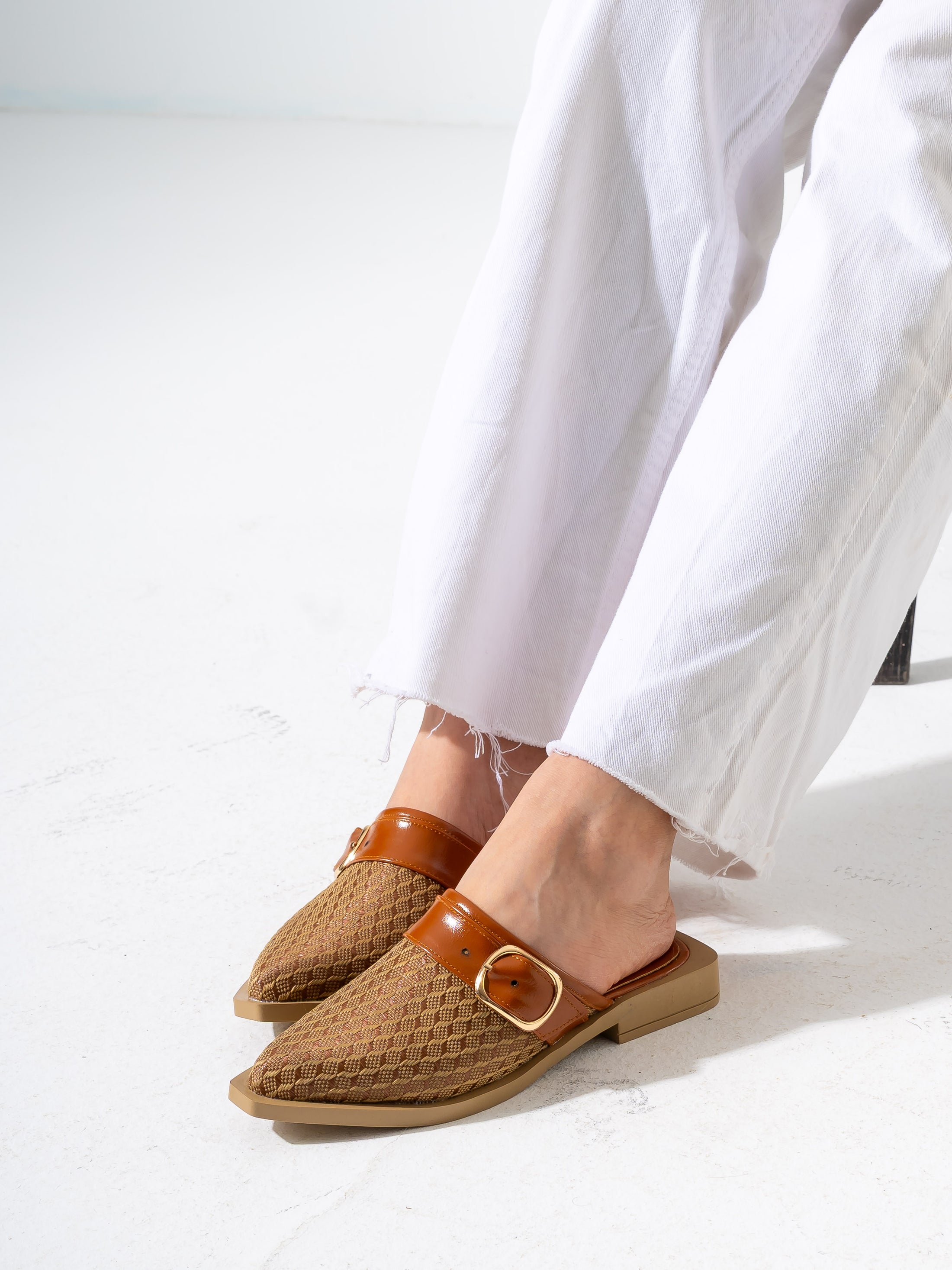 Honeycomb Textured Buckle Mules-CAMEL