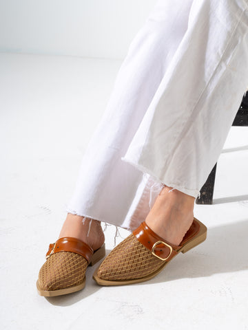Honeycomb Textured Buckle Mules-CAMEL