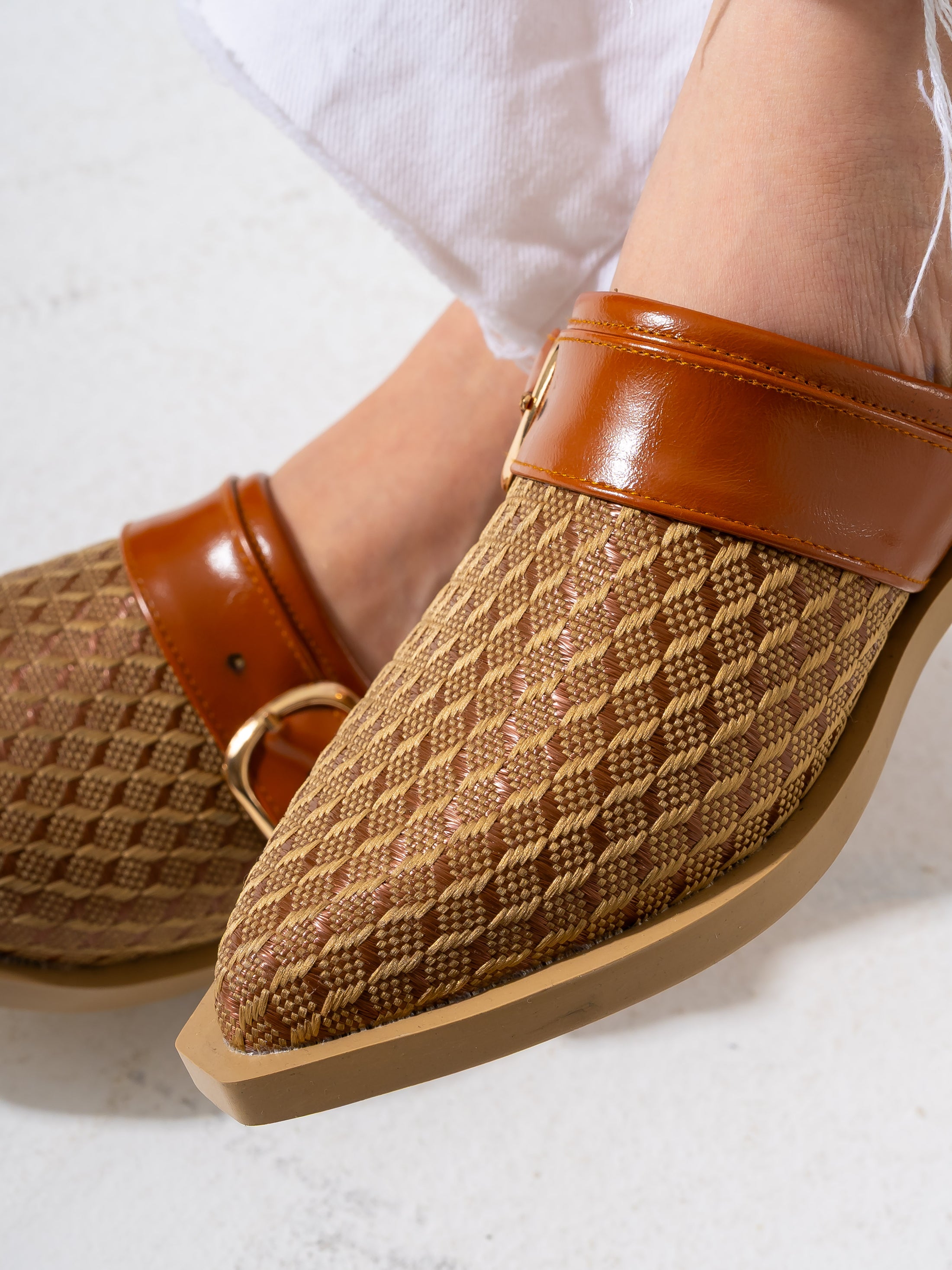 Honeycomb Textured Buckle Mules-CAMEL