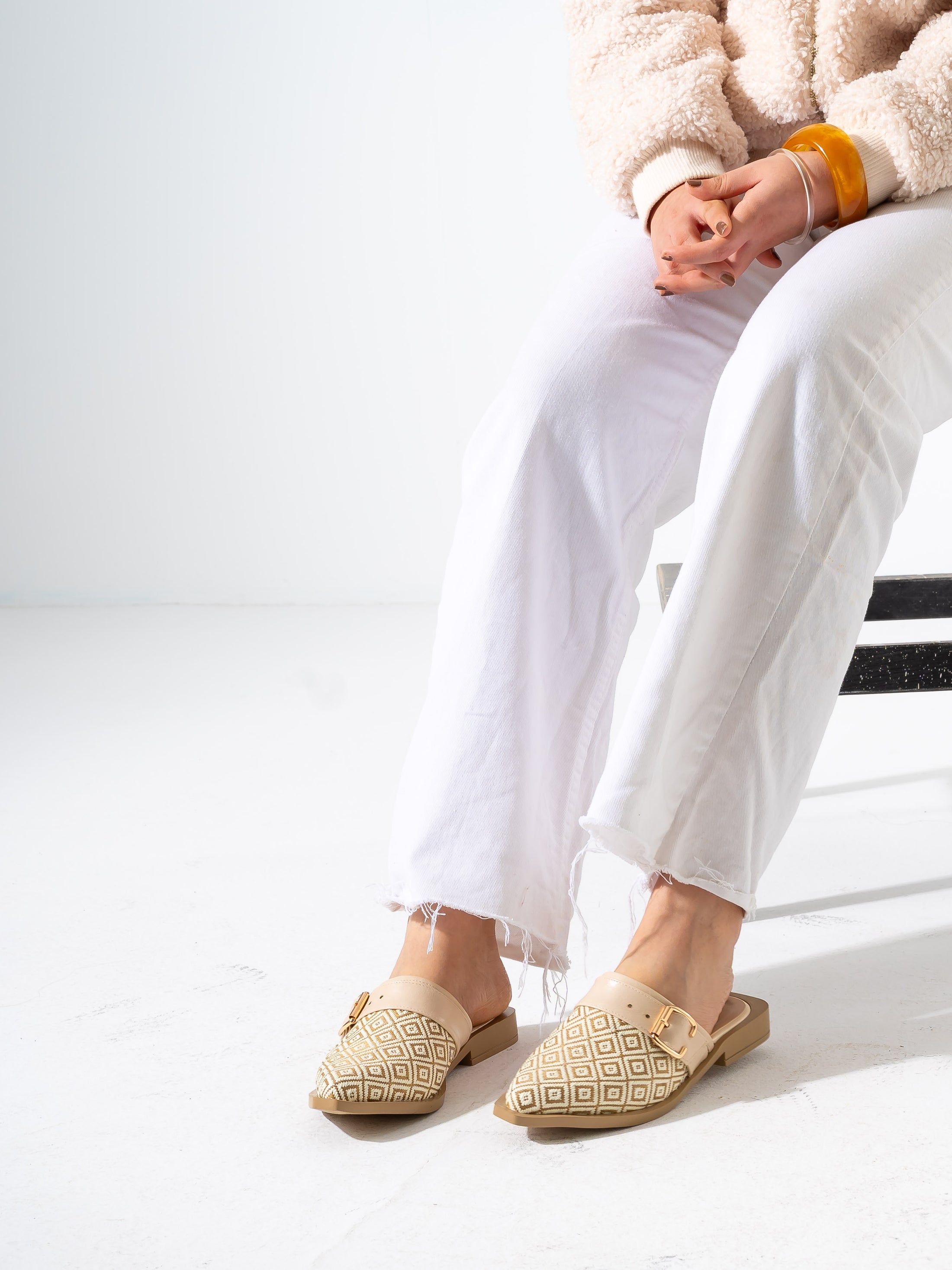 Geometric Pattern Buckle Pointed-Toe Mules-BEIGE