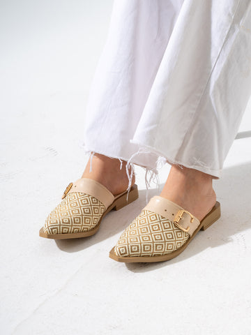 Geometric Pattern Buckle Pointed-Toe Mules-BEIGE
