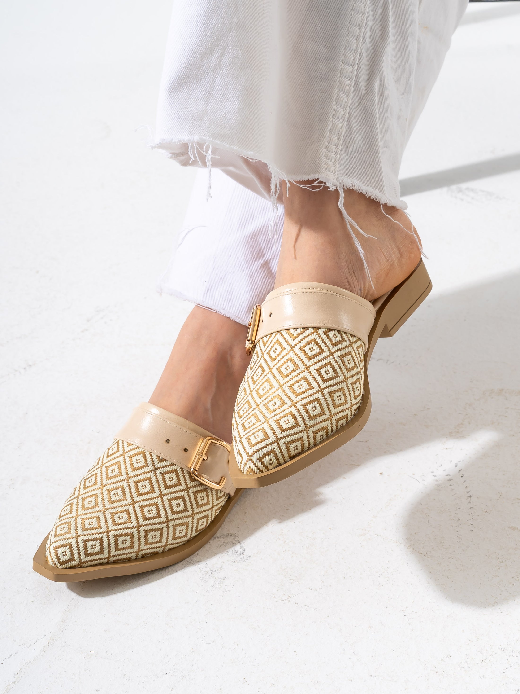 Geometric Pattern Buckle Pointed-Toe Mules-BEIGE
