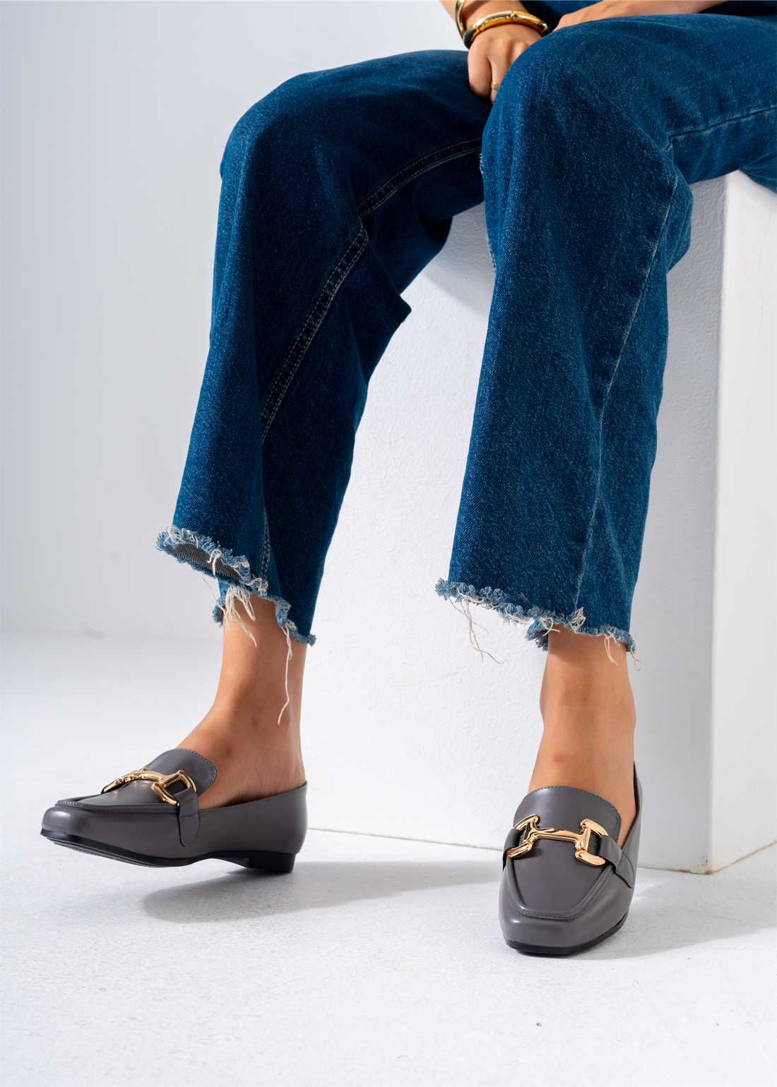 Gold Hardware Square Toe Flat-gray