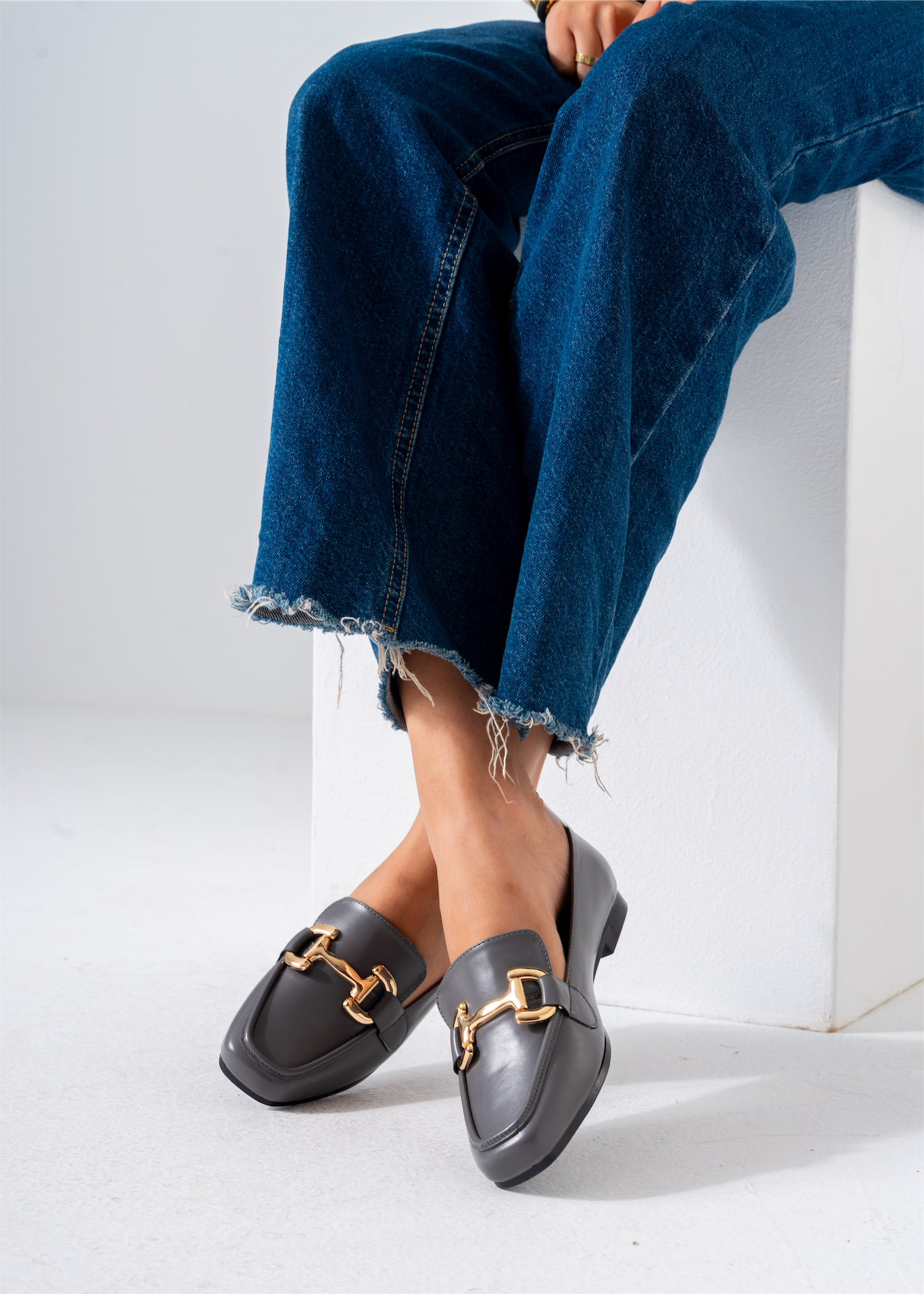 Gold Hardware Square Toe Flat-gray