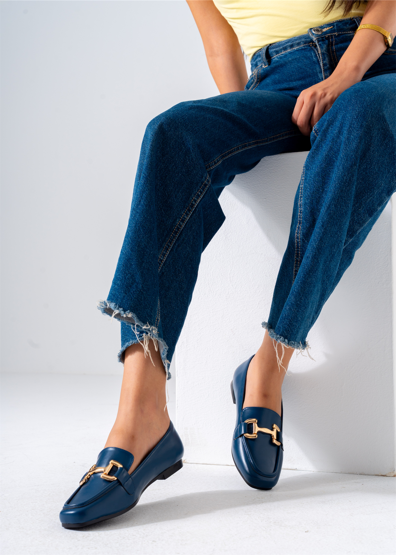 Gold Hardware Square Toe Flat-dark blue