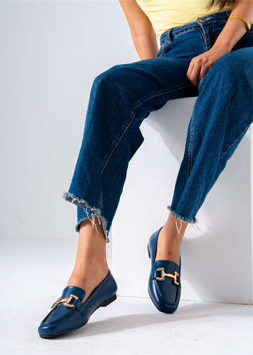 Gold Hardware Square Toe Flat-dark blue