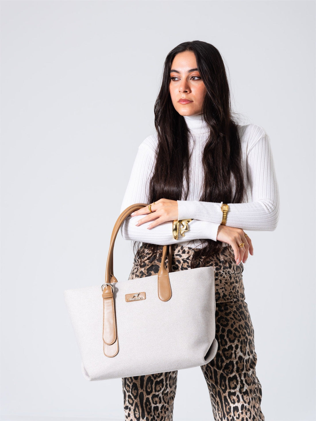 Tote Bag with Contrast Handle - cafe