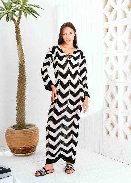 Zigzag Print Long Sleeve Dress - black