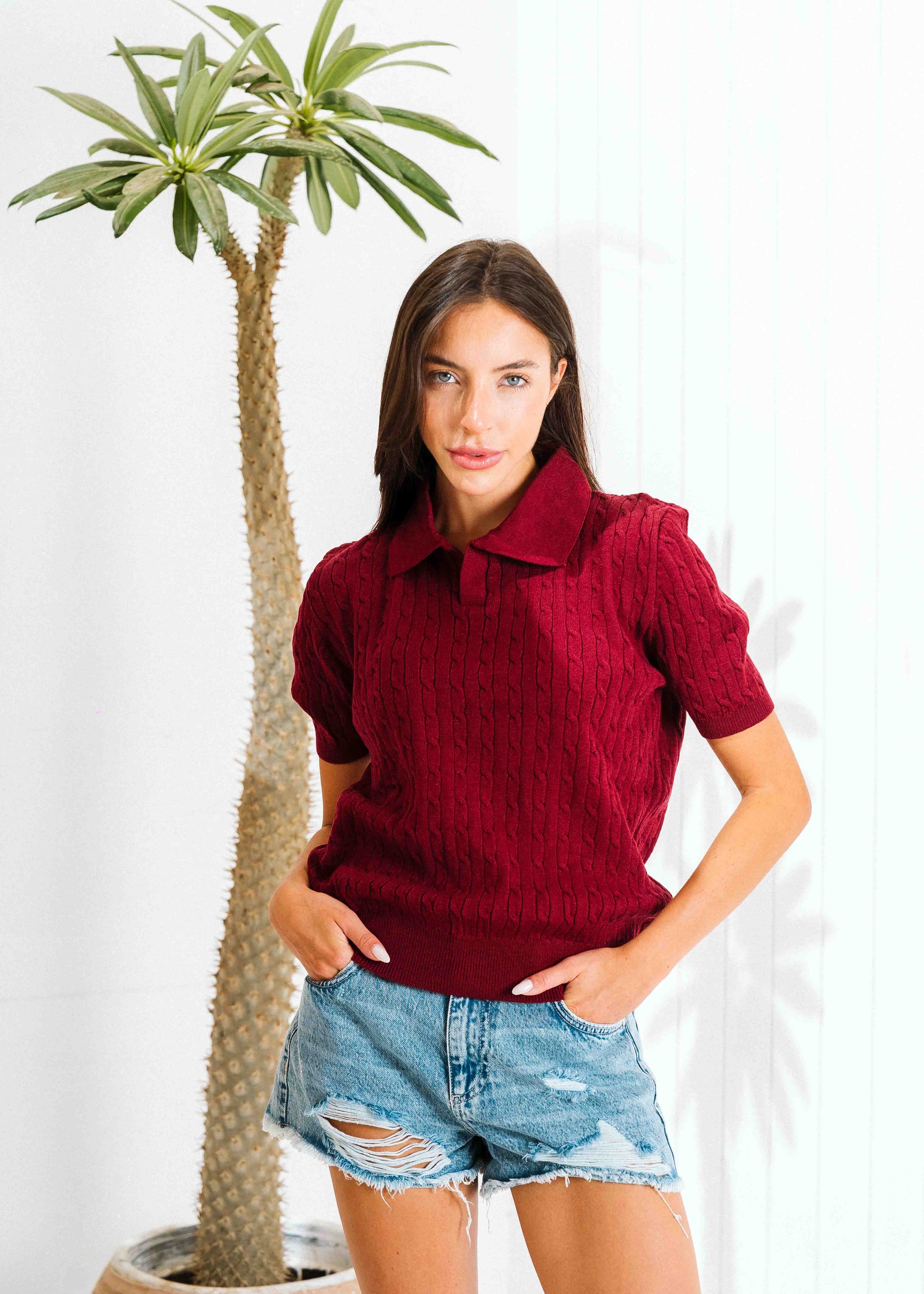 Cable-Knit Polo Shirt - maroon