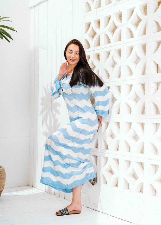 Zigzag Print Long Sleeve Dress - blue