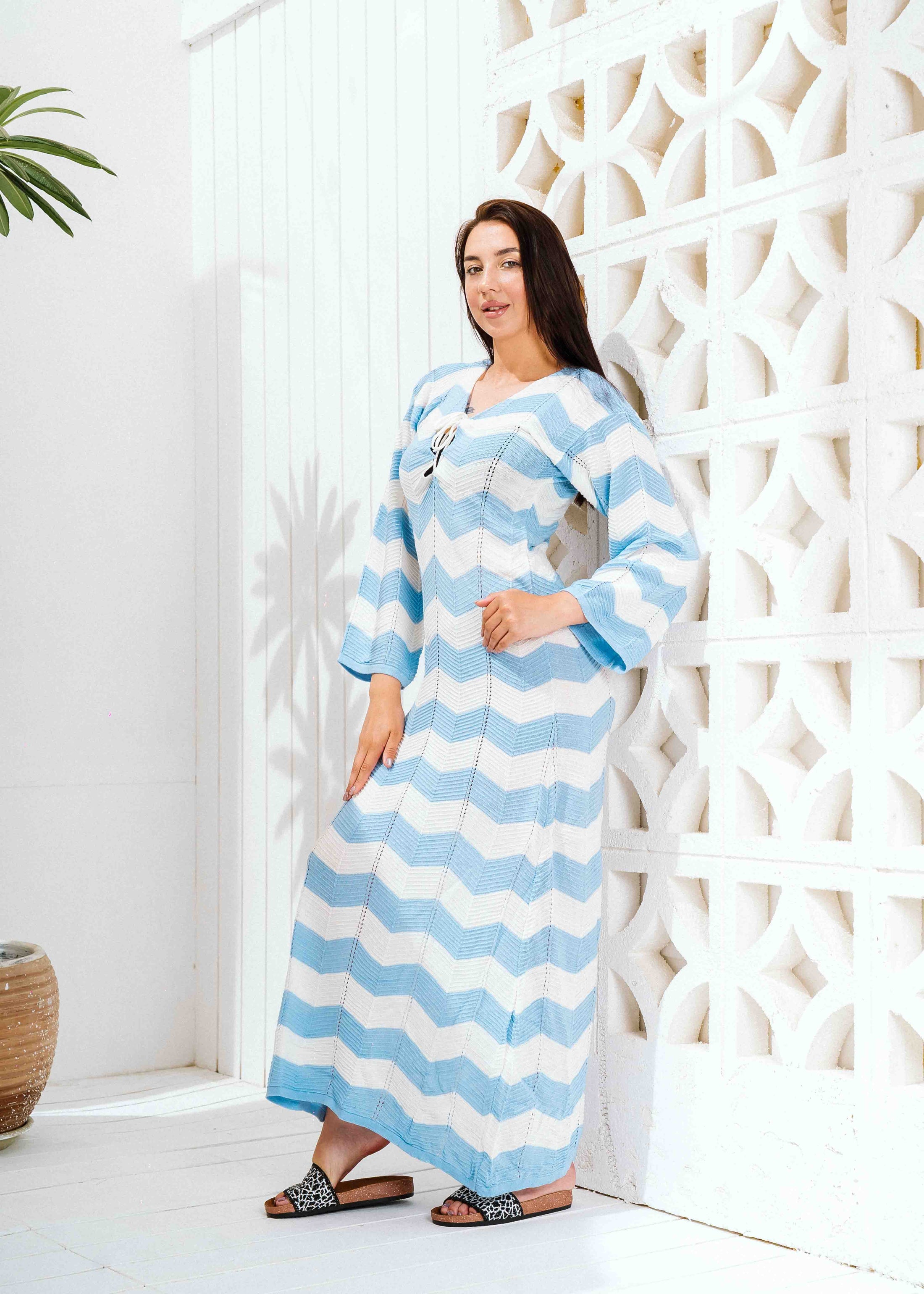 Zigzag Print Long Sleeve Dress - blue